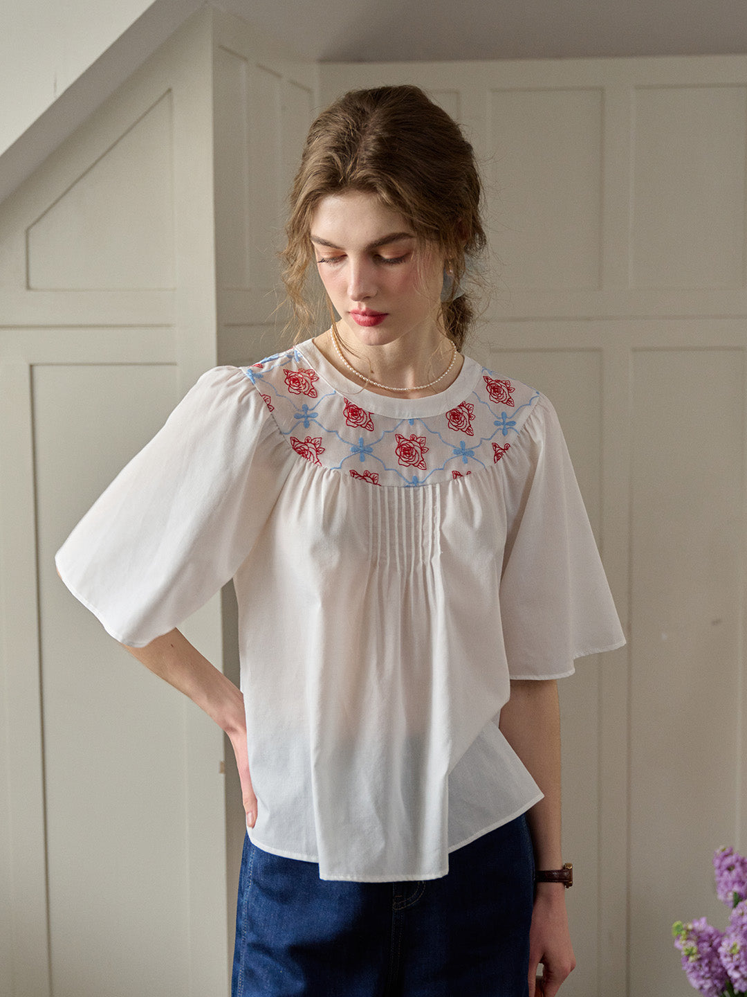 【Final Sale】Kenia Lace-up Striped Floral Off The Shoulder Top