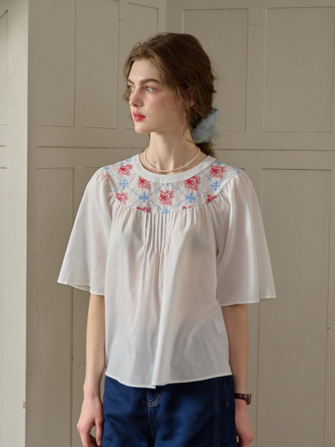 【Final Sale】Kenia Lace-up Striped Floral Off The Shoulder Top