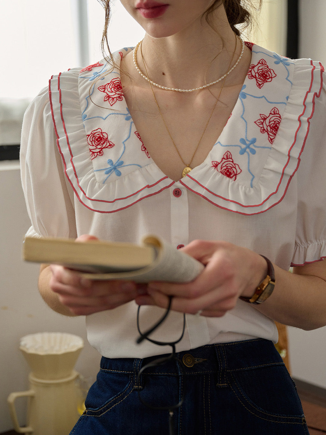 【Final Sale】Alessandra Peter Pan Collar Embroidery Blouse