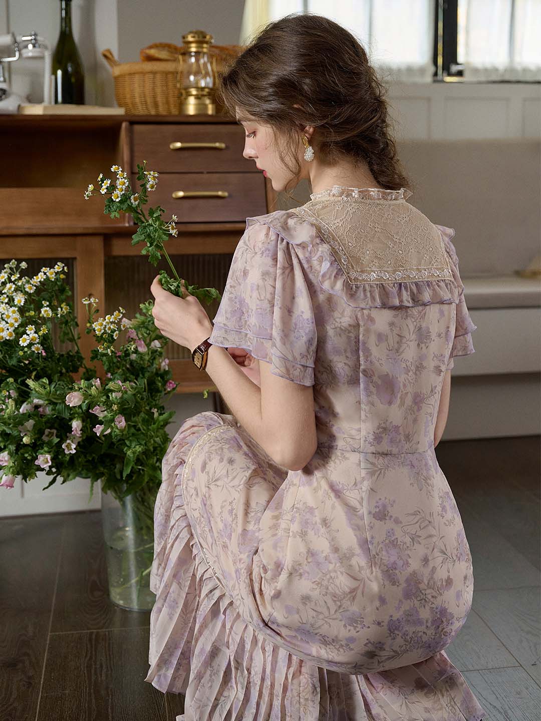 Catherine Lace Bow Pleated Hem Floral Print Dress