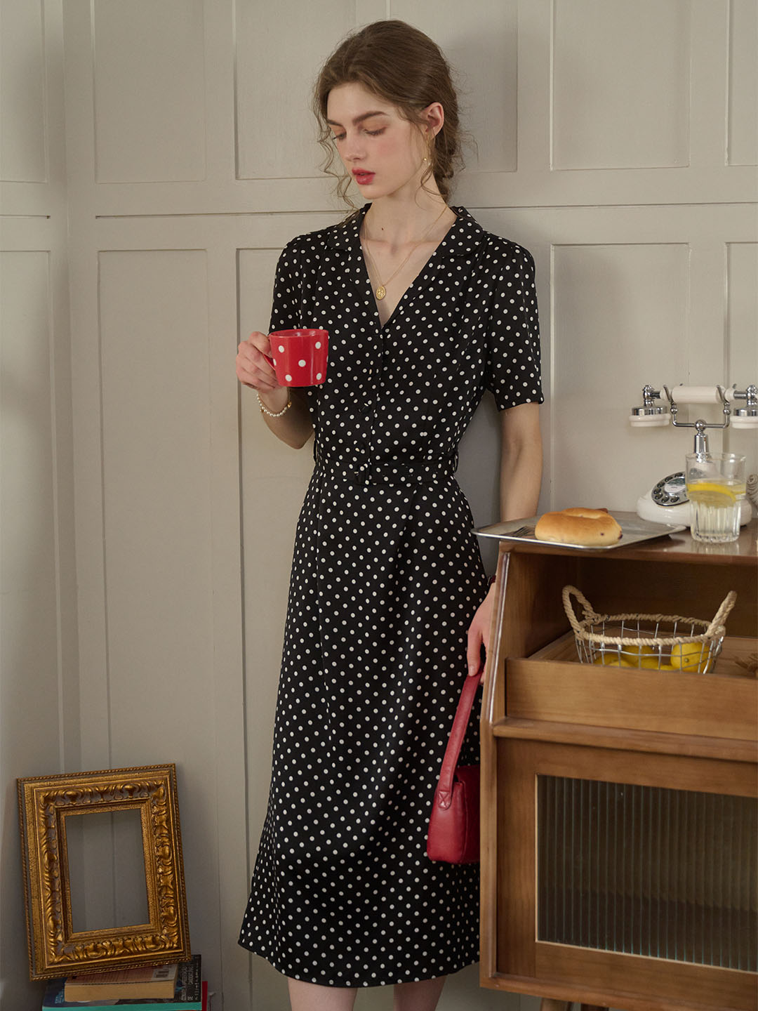 Baylee French Retro Polka Dot V-Neck Dress