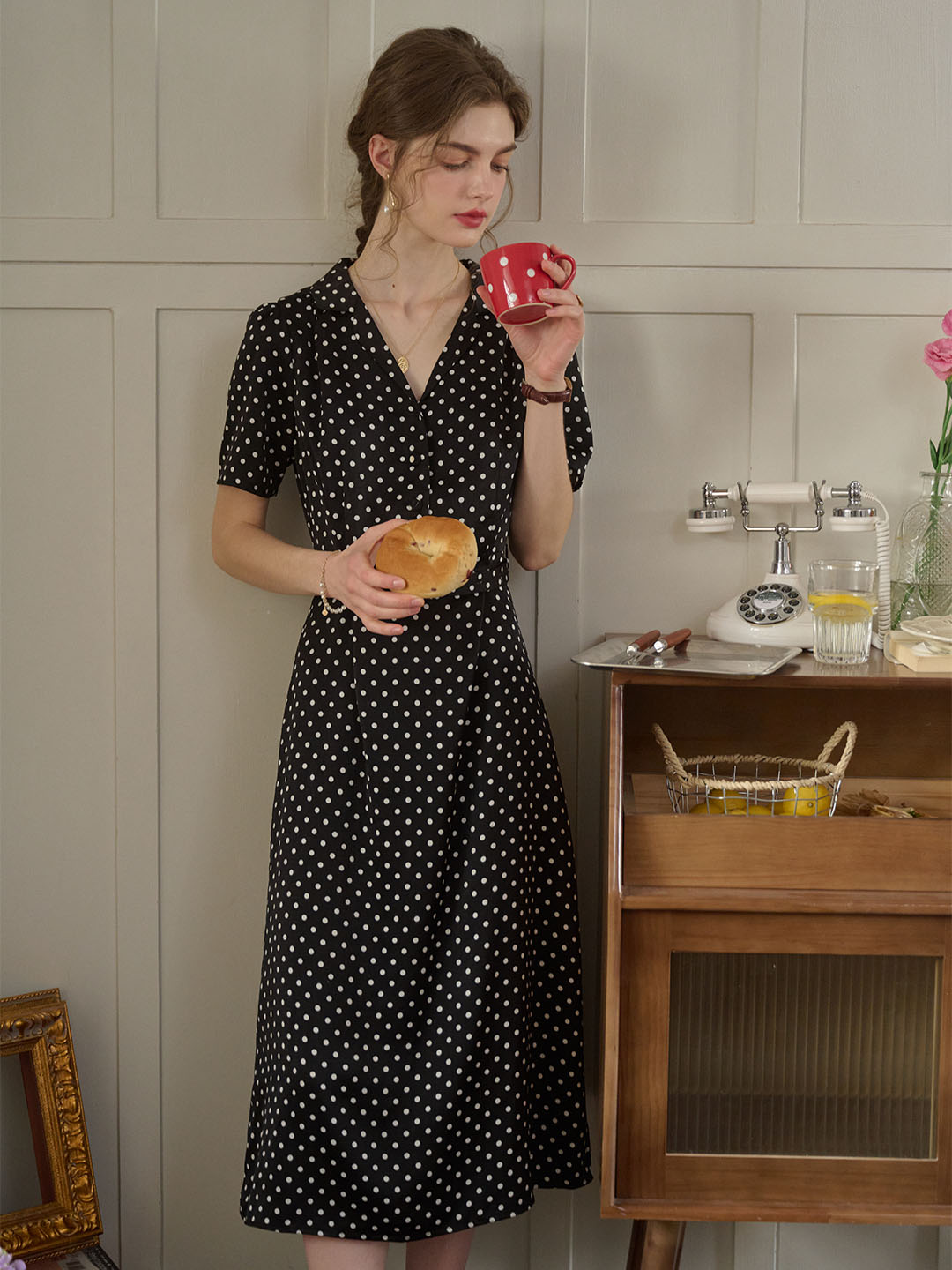 Baylee French Retro Polka Dot V-Neck Dress