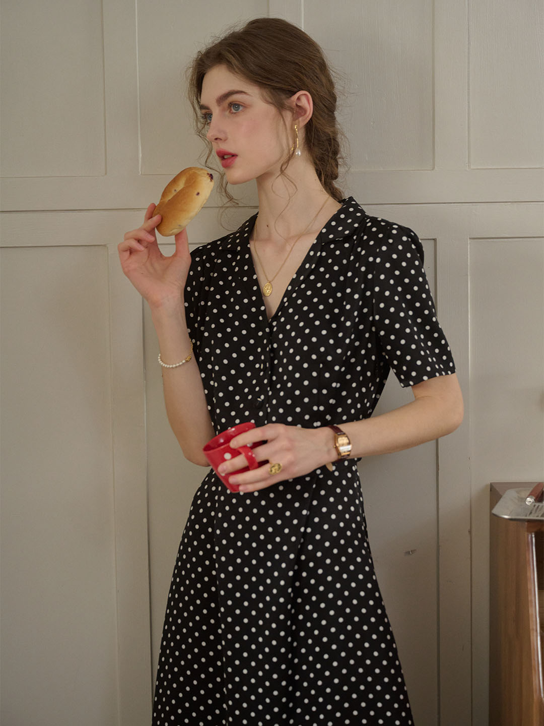 Baylee French Retro Polka Dot V-Neck Dress