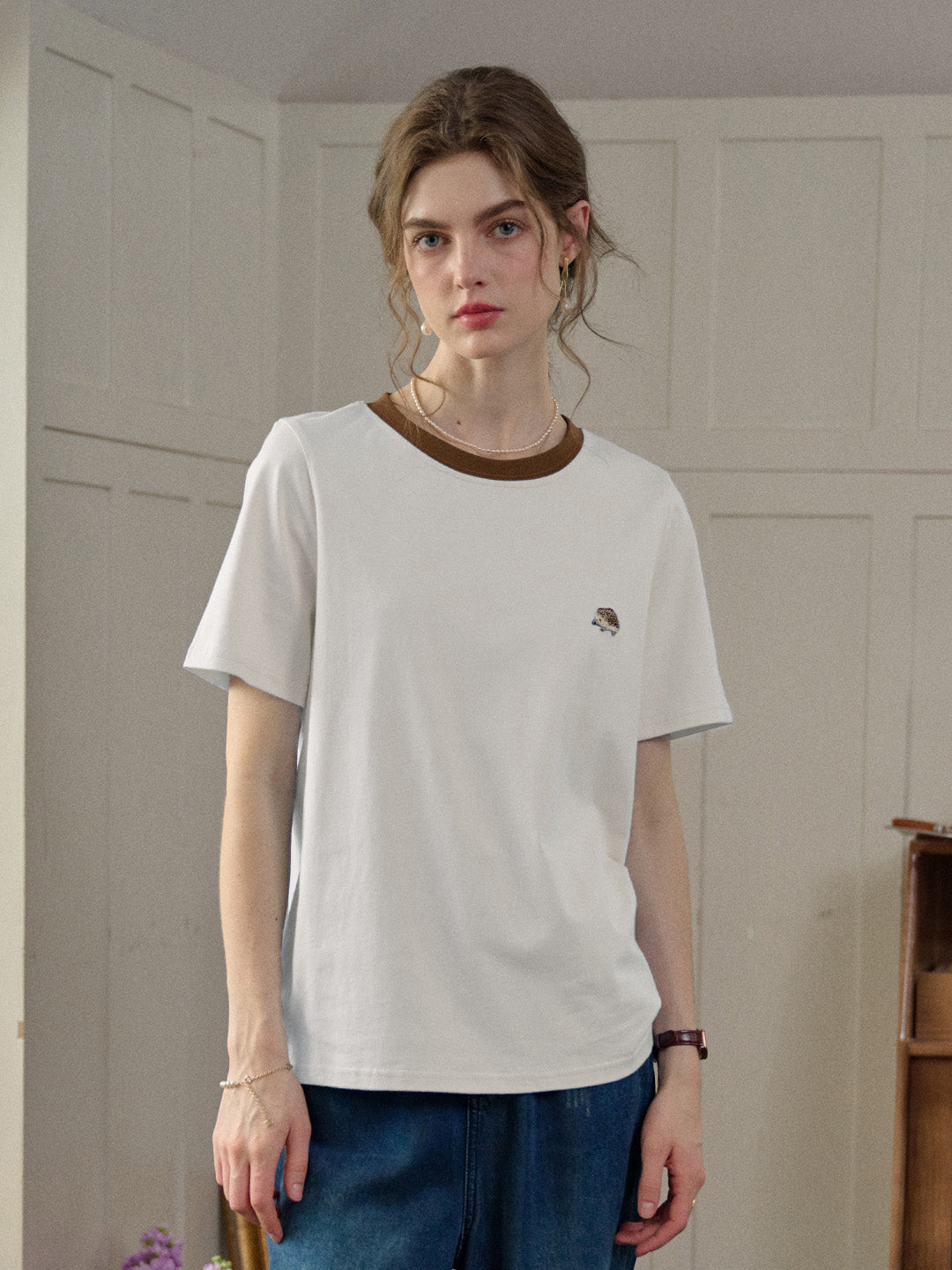 【Final Sale】Reya Simple Round Neck Contrasting Embroidery Cotton Top - Yellow