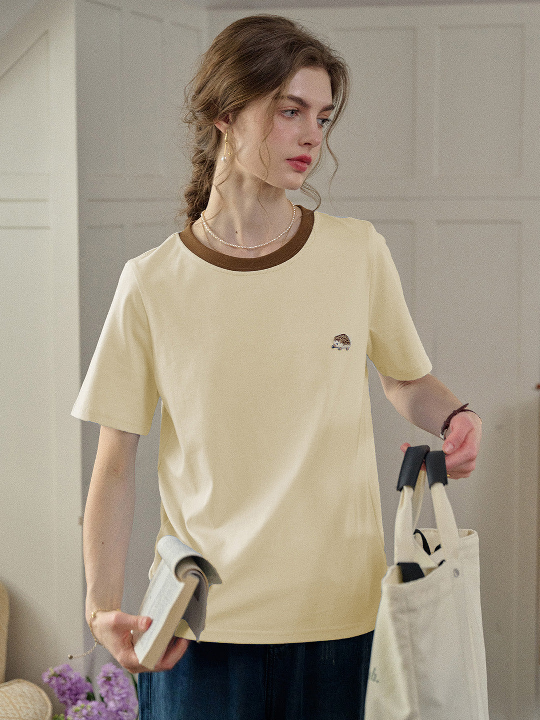 【Final Sale】Reya Simple Round Neck Contrasting Embroidery Cotton Top - Yellow