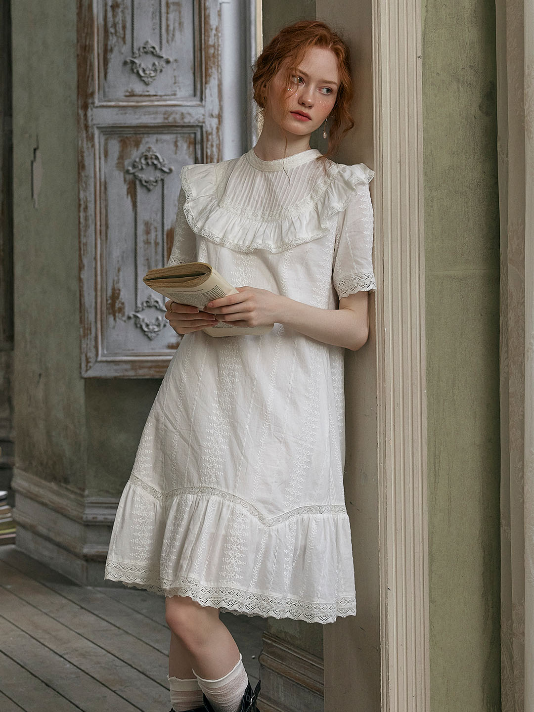 Alanna Mock Neck Lace All Over Embroidered Puff Sleeve Ruffle Cotton Dress