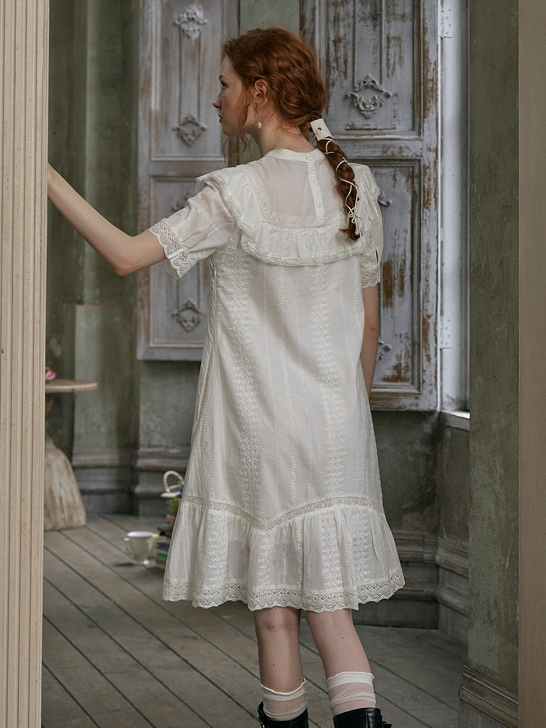 Alanna Mock Neck Lace All Over Embroidered Puff Sleeve Ruffle Cotton Dress