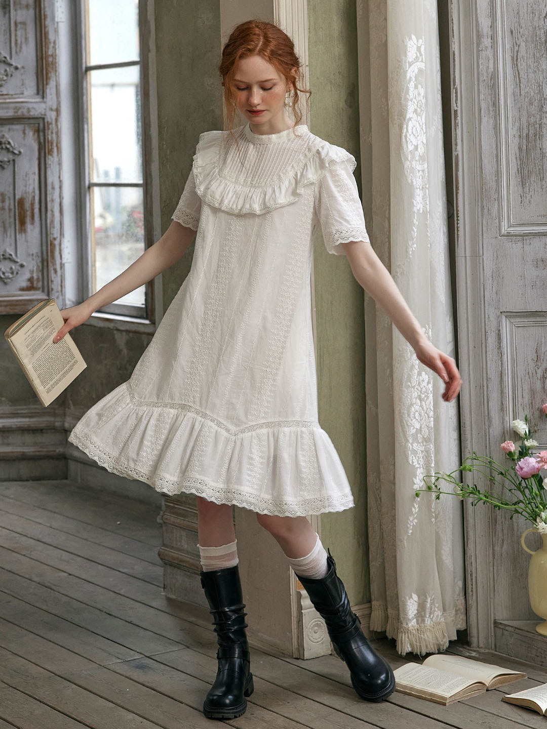 Alanna Mock Neck Lace All Over Embroidered Puff Sleeve Ruffle Cotton Dress