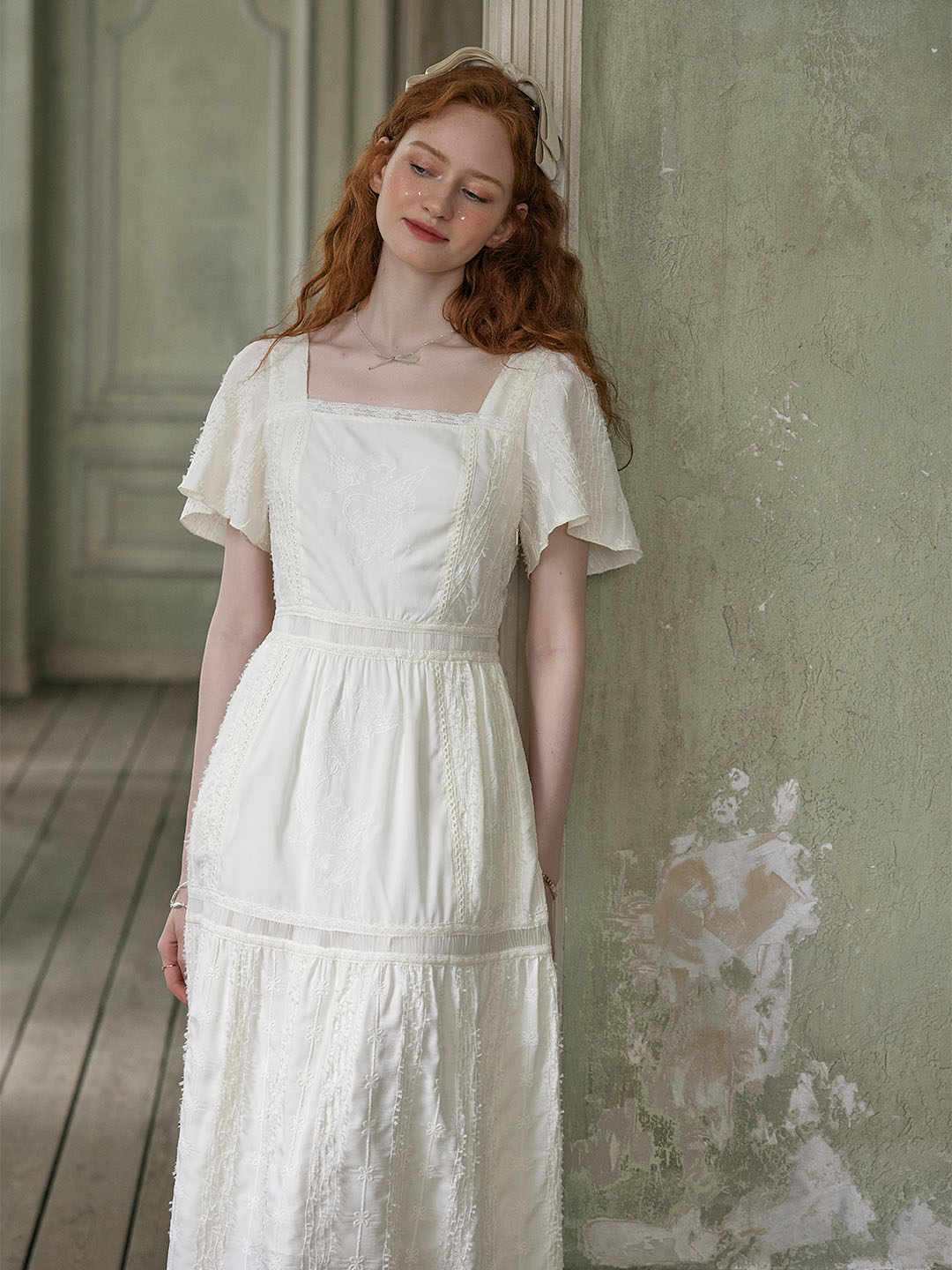 Elora French Square Neck Angel Embroidered Lace Dress