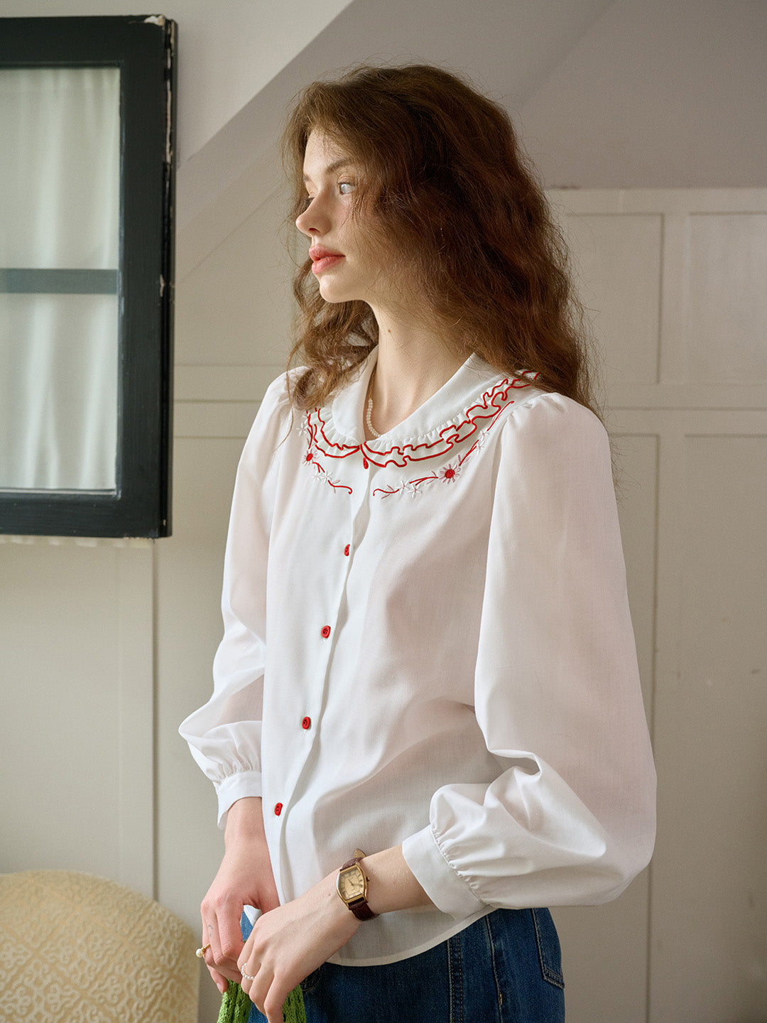 【Final Sale】Maren Peter Pan Collar Floral Embroidery Blouse - White