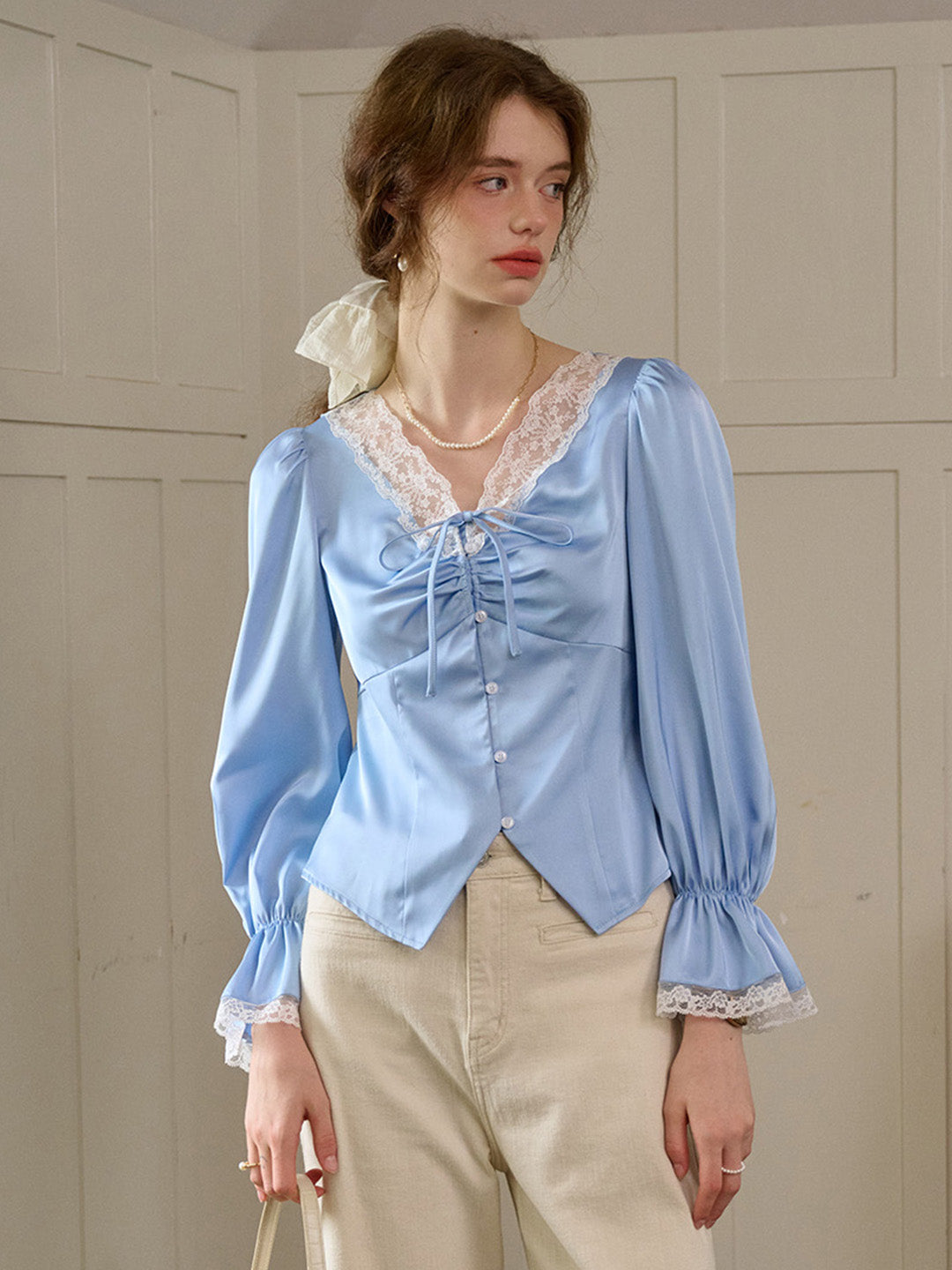 【Final Sale】Shailene Retro V-Neck Lace Blouse