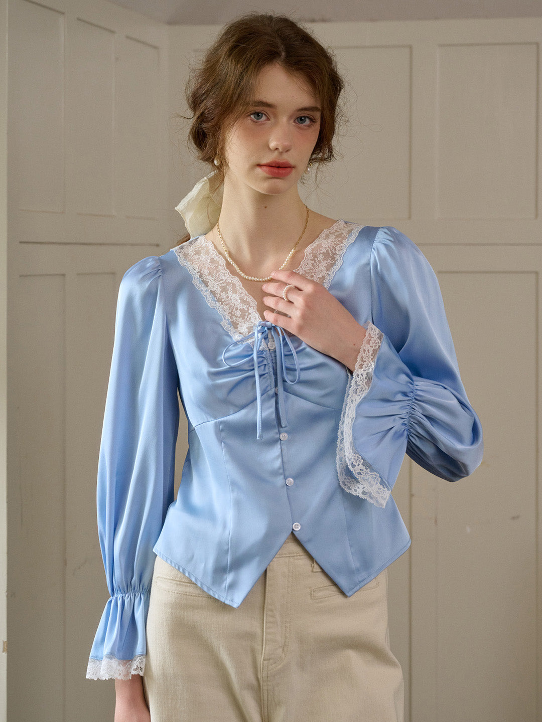 【Final Sale】Shailene Retro V-Neck Lace Blouse