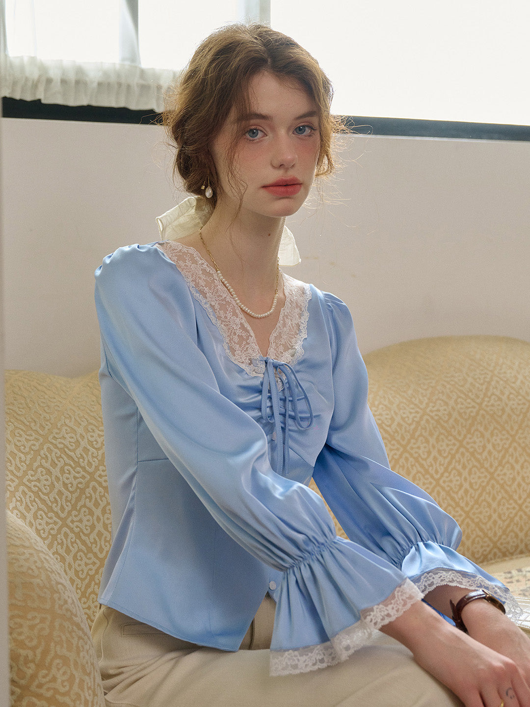 【Final Sale】Shailene Retro V-Neck Lace Blouse