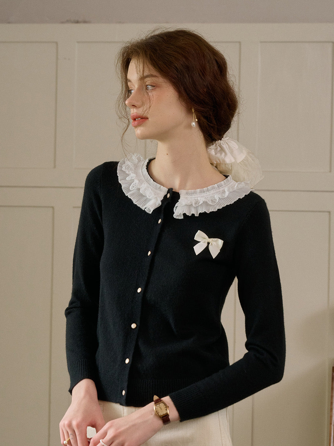 【Final Sale】Ruby Lace Lapel Contrasting Bow Cardigan