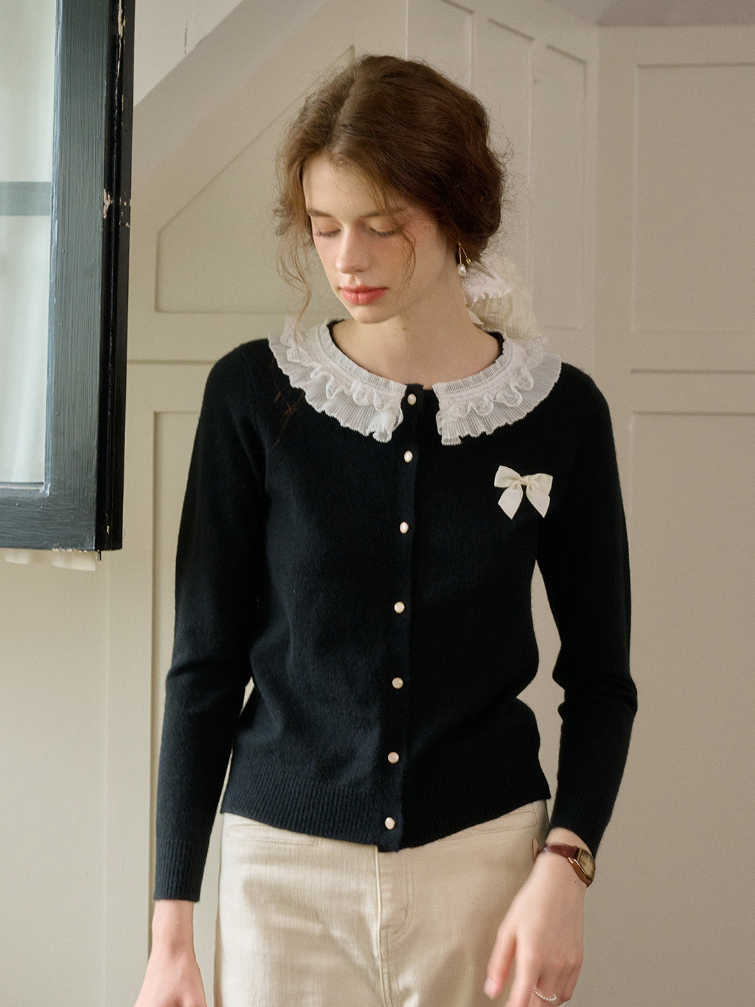 【Final Sale】Ruby Lace Lapel Contrasting Bow Cardigan