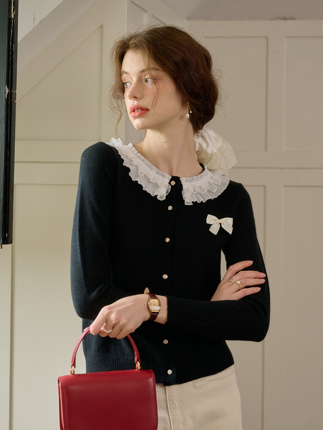 【Final Sale】Ruby Lace Lapel Contrasting Bow Cardigan