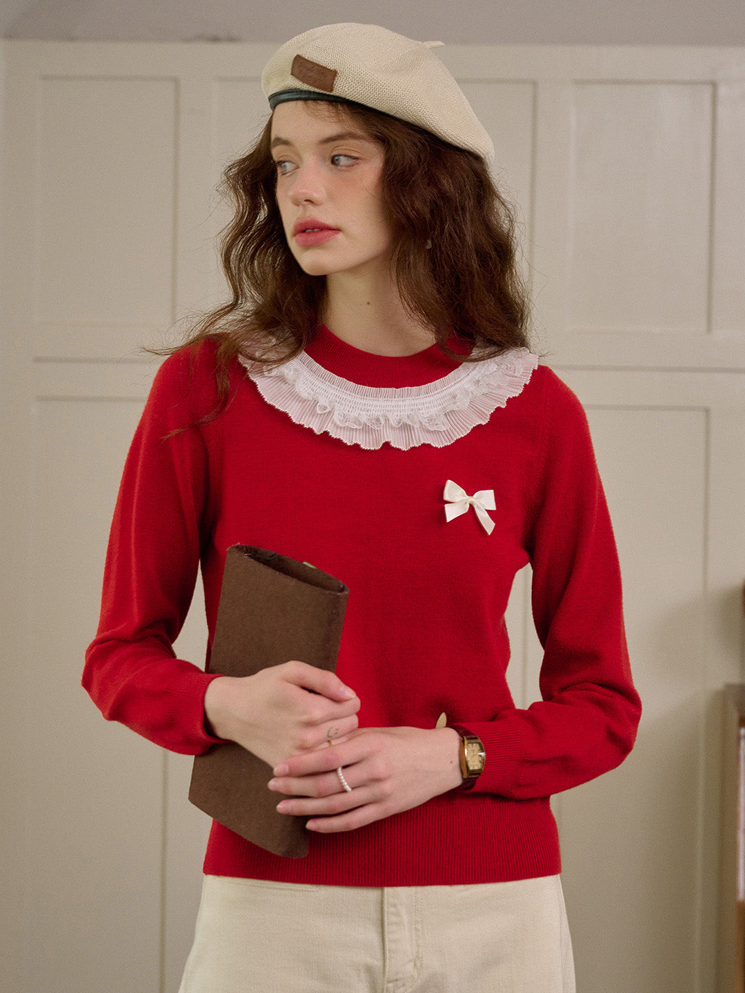 【Final Sale】Veronica Round Neck Contrasting Bow Sweater