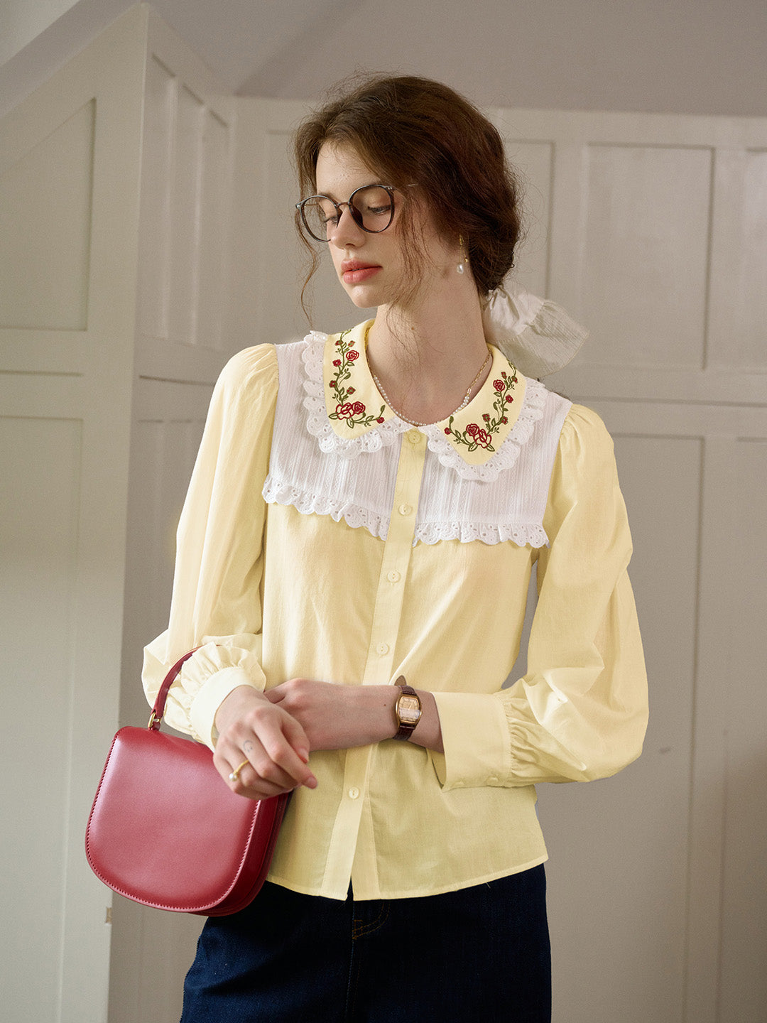 【Final Sale】Priyanka Lace Collar Floral  Long sleeve Cotton Bouse