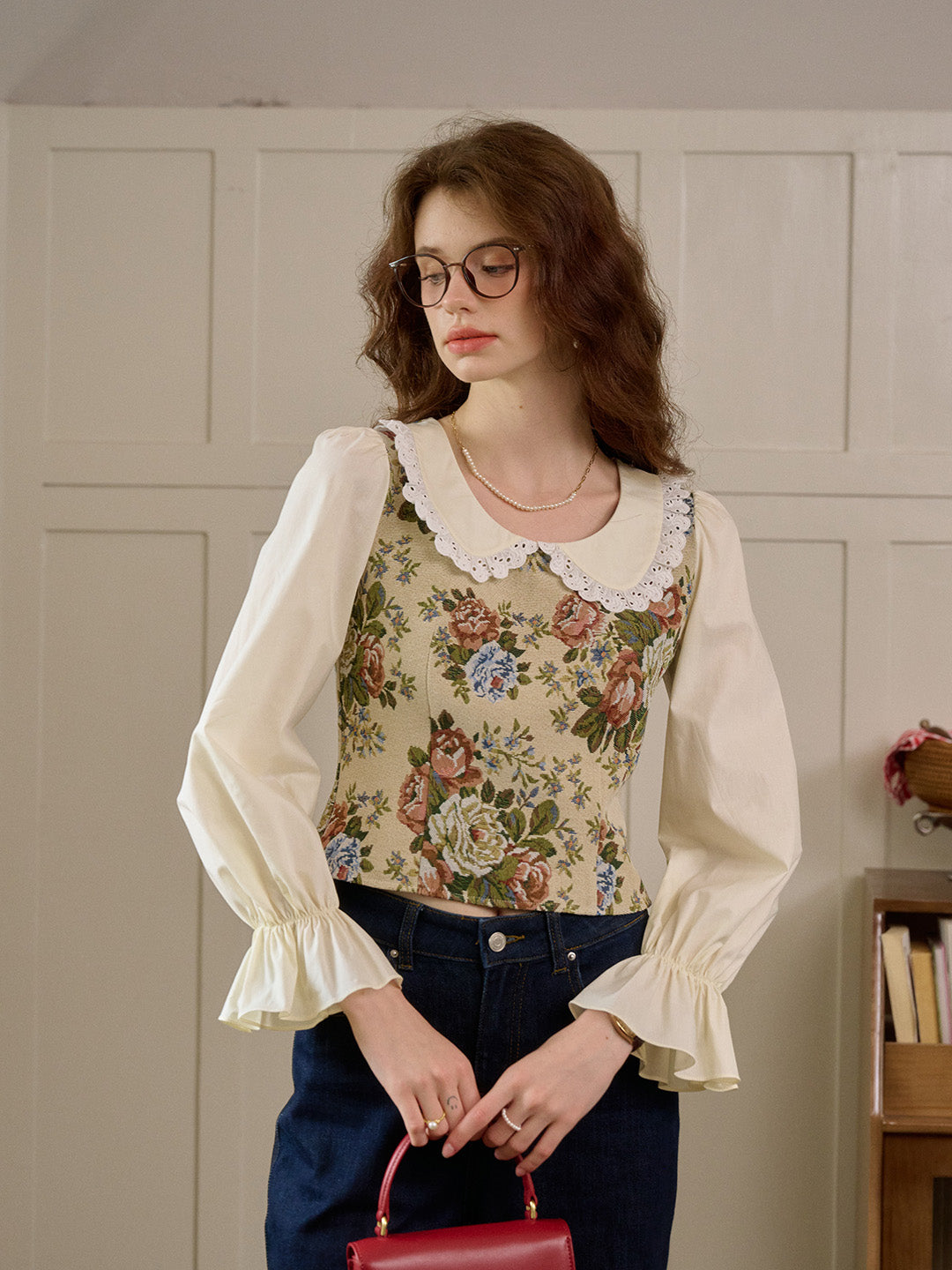 【Final Sale】Coraline Lace Doll Collar Bell Sleeves Floral Patchwork Eedwardian Style Top