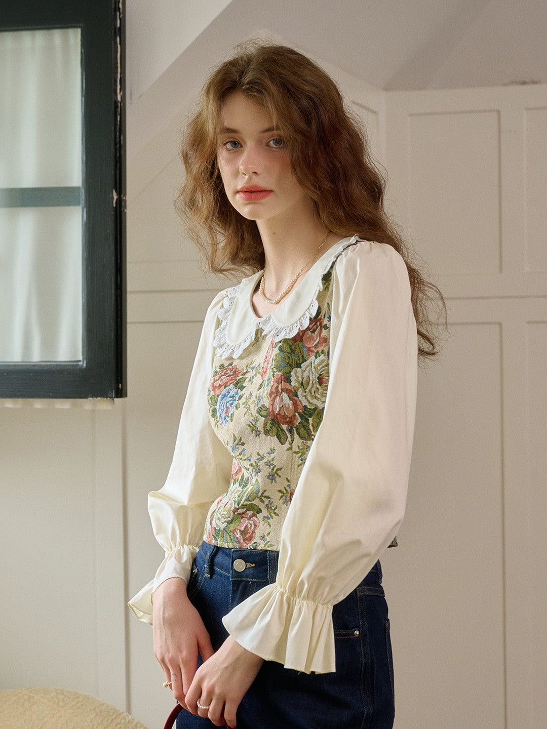 【Final Sale】Coraline Lace Doll Collar Bell Sleeves Floral Patchwork Eedwardian Style Top