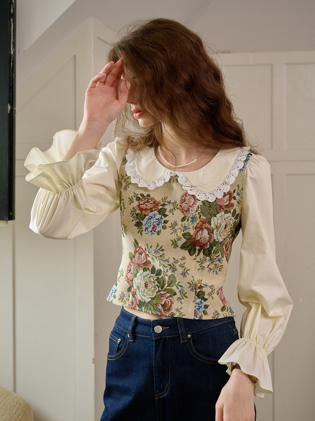 【Final Sale】Coraline Lace Doll Collar Bell Sleeves Floral Patchwork Eedwardian Style Top