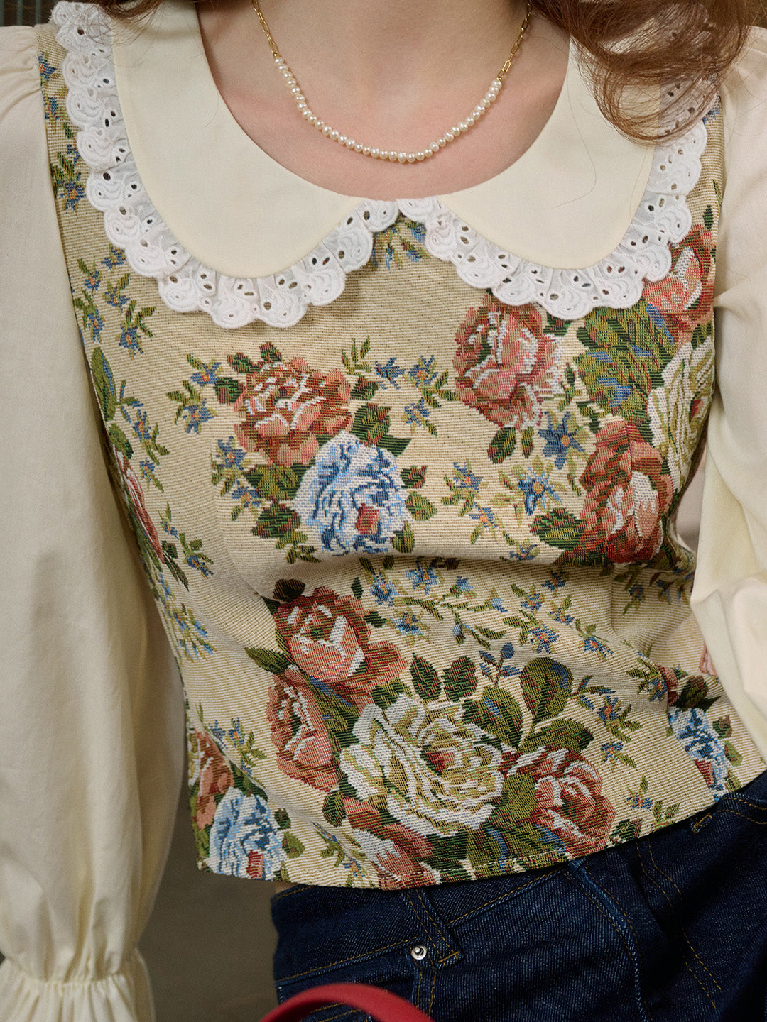 【Final Sale】Coraline Lace Doll Collar Bell Sleeves Floral Patchwork Eedwardian Style Top