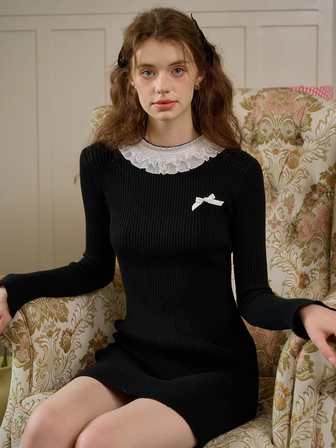 【Final Sale】Jill Lace Collar Contrasting Knit Dress