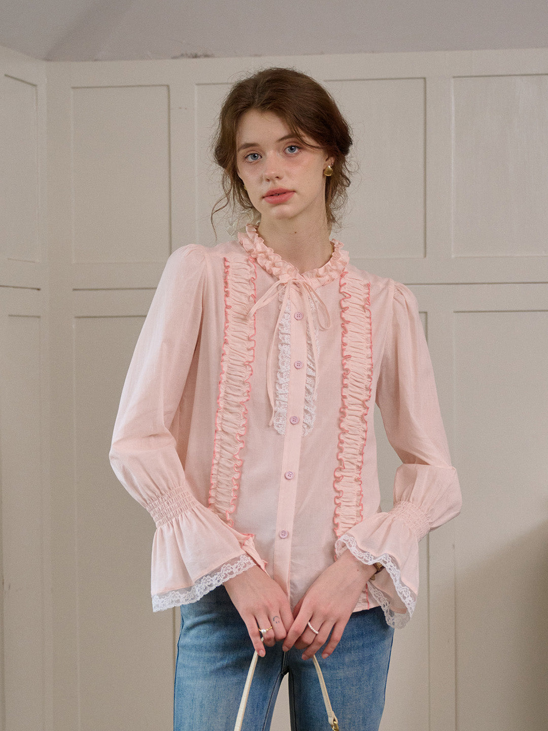 【Final Sale】Ramona Mock Neck Ruched Bow Contrast Lace Cotton Blouse