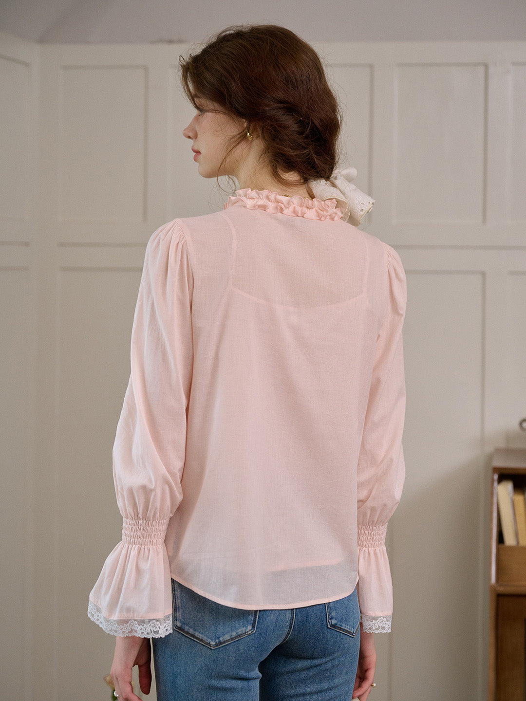 【Final Sale】Ramona Mock Neck Ruched Bow Contrast Lace Cotton Blouse