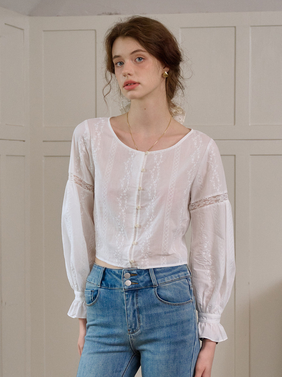 【Final Sale】Madilynn Embroidered Cotton Blouse With Removable Collar