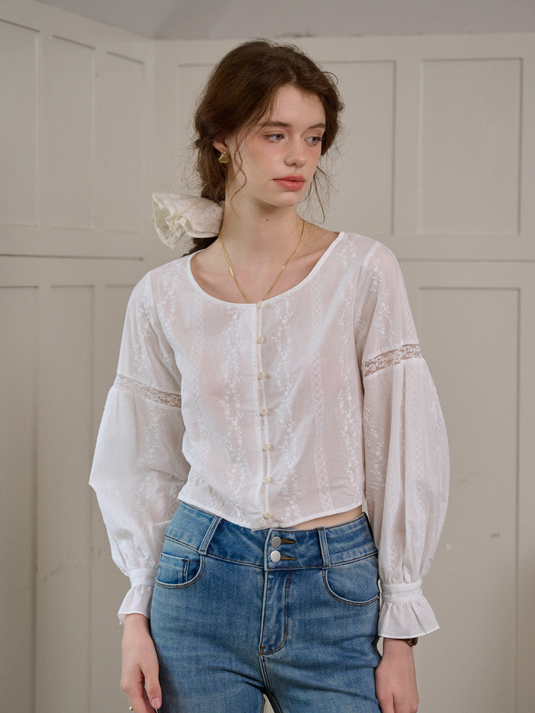 Madilynn Detachable Navy Collar Lace Panel Floral Embroidered Cotton Eedwardian Style Blouse