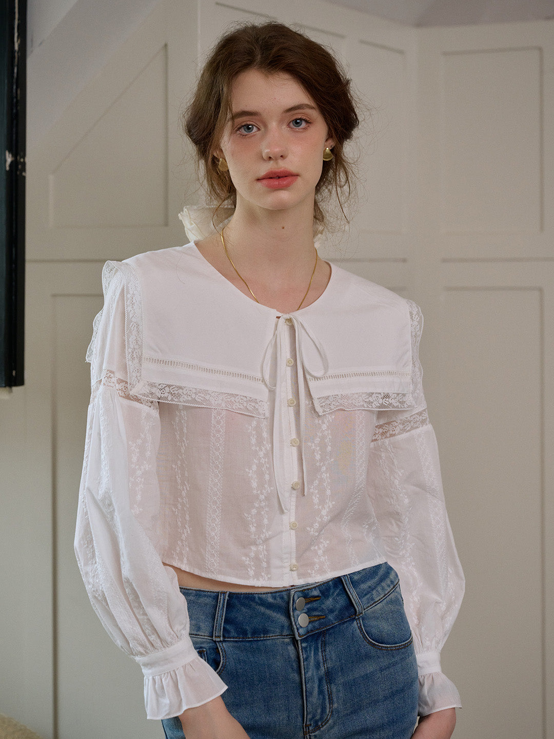 【Final Sale】Madilynn Embroidered Cotton Blouse With Removable Collar