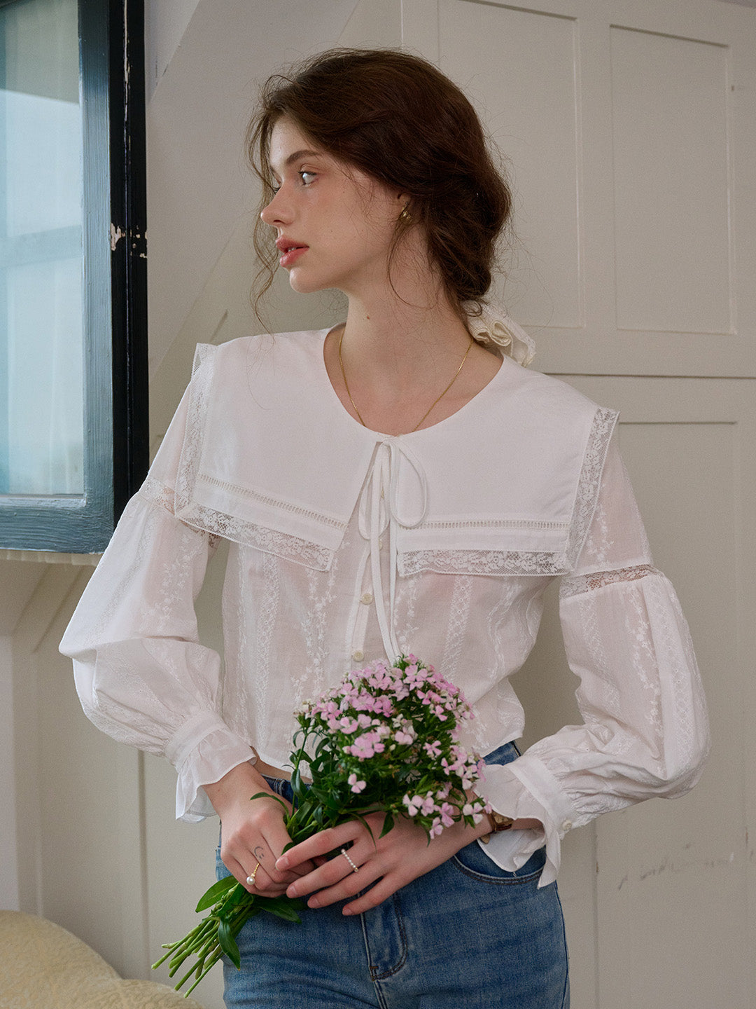 Madilynn Detachable Navy Collar Lace Panel Floral Embroidered Cotton Eedwardian Style Blouse