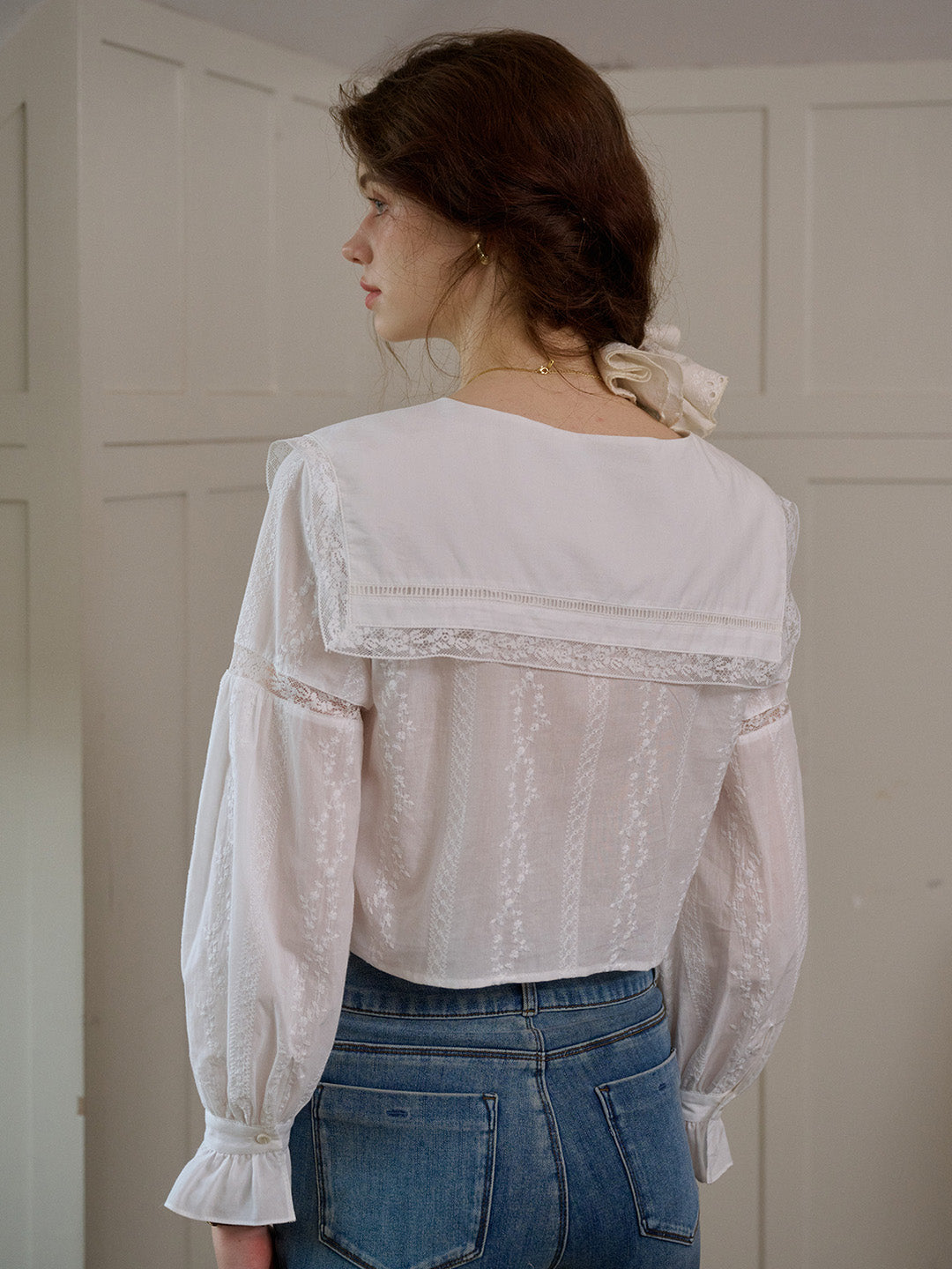 【Final Sale】Madilynn Embroidered Cotton Blouse With Removable Collar