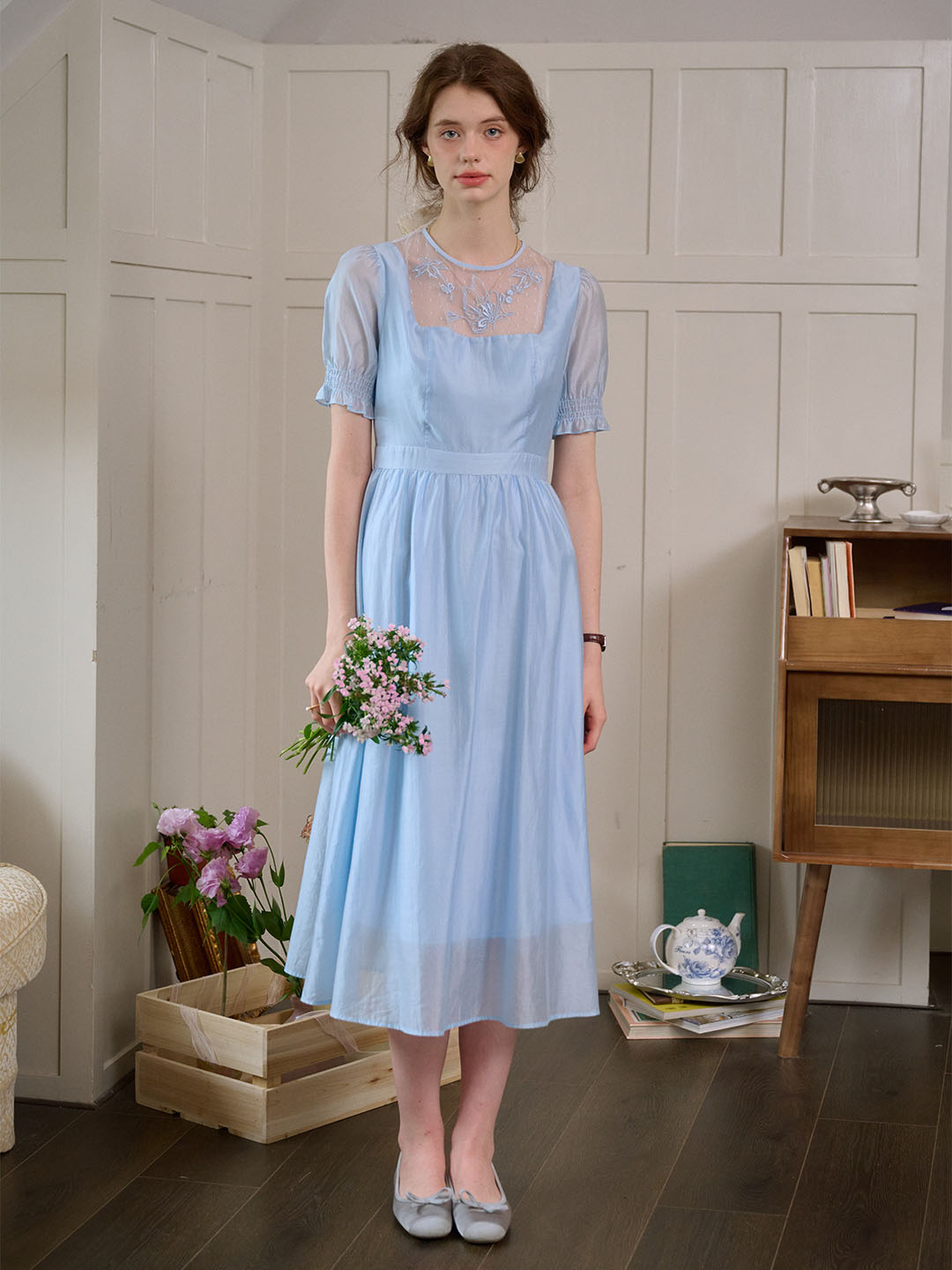 Ariella Round Neck Mesh Embroidered Puff Sleeve Dress- Light Blue