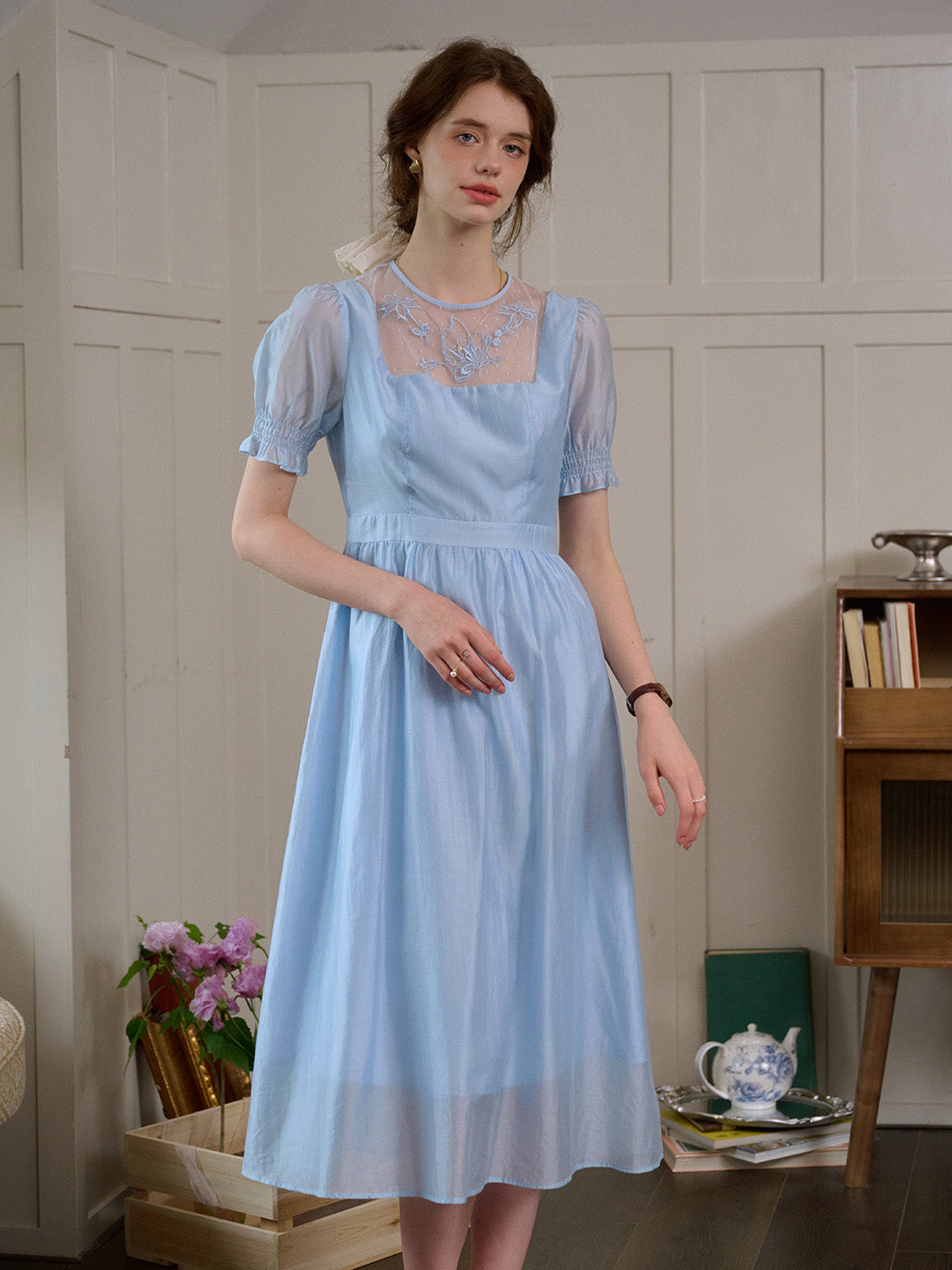 Ariella Round Neck Mesh Embroidered Puff Sleeve Dress- Light Blue