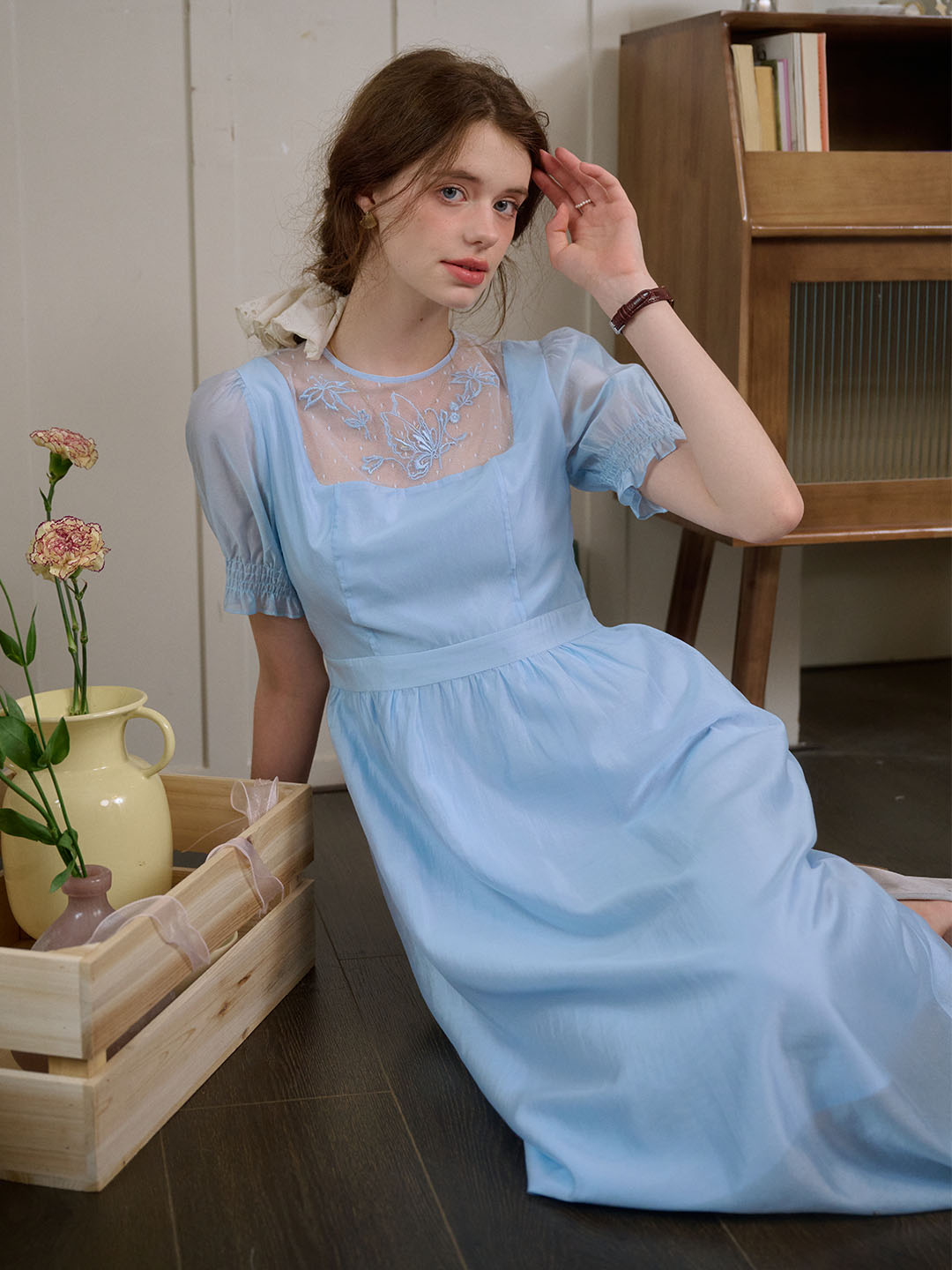 Ariella Round Neck Mesh Embroidered Puff Sleeve Dress- Light Blue