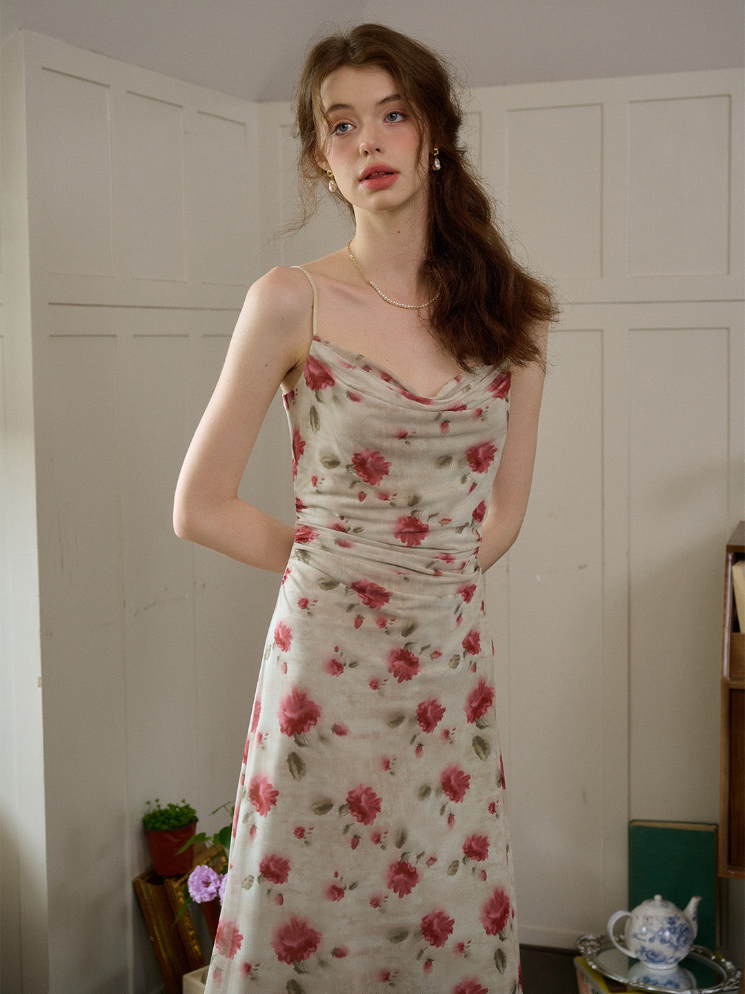 Kaia Romantic Rose Print Slim Fit Slip Dress