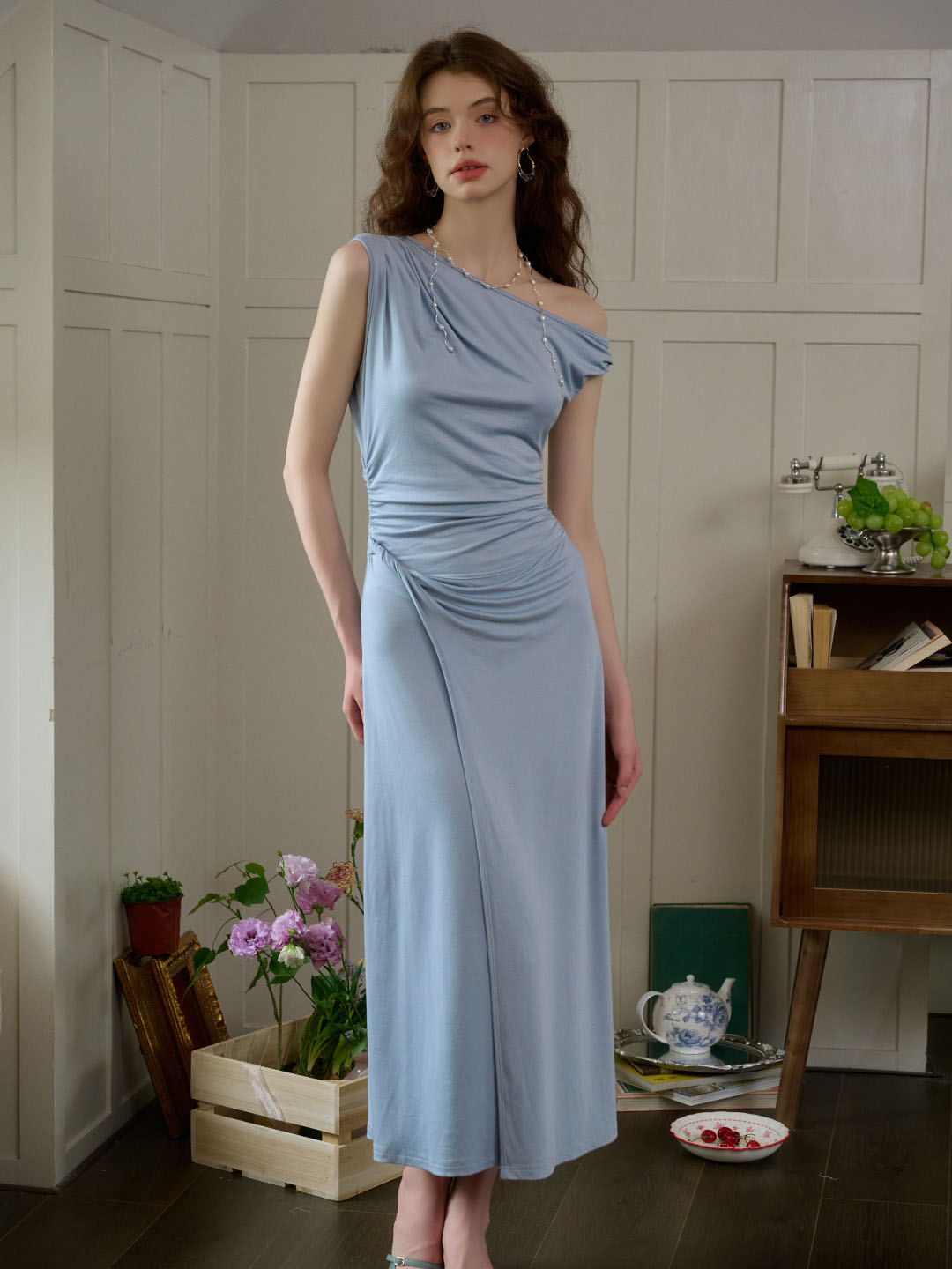 Cielo Elegant Ruched Off-Shoulder Light Blue Long Dress