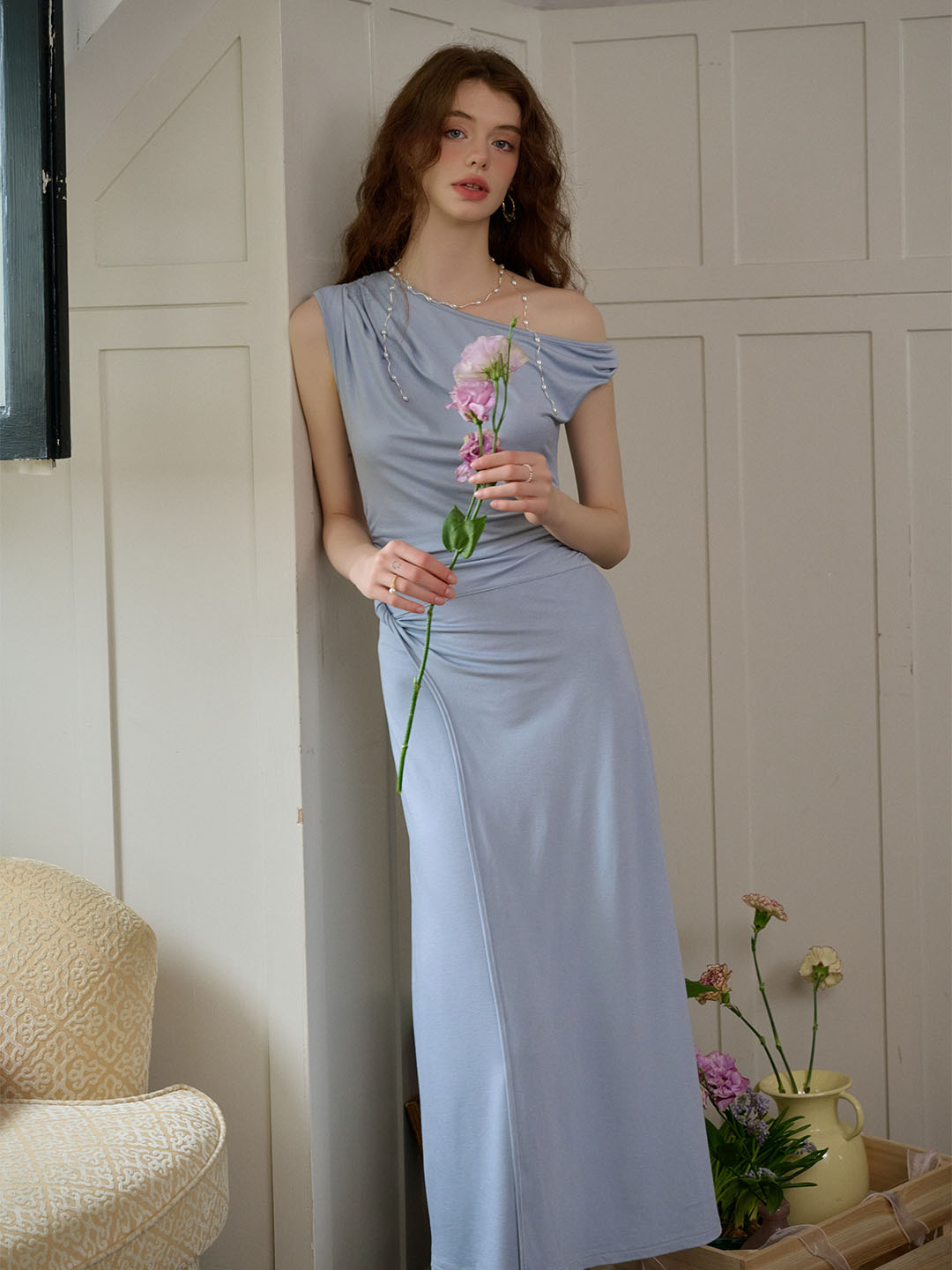 Cielo Elegant Ruched Off-Shoulder Light Blue Long Dress