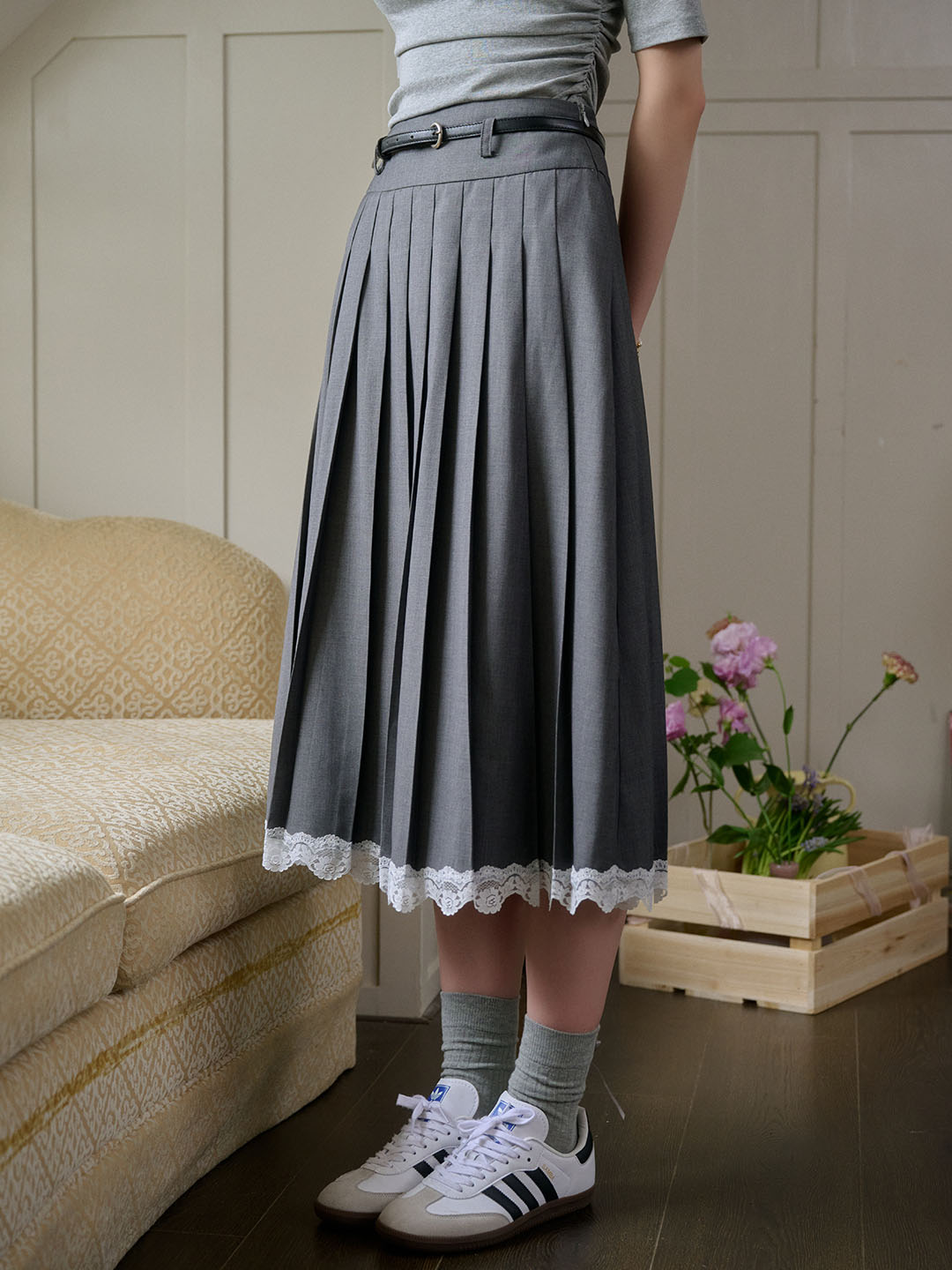 Mariam Contrast Lace Panel Hem Pleated Skirt