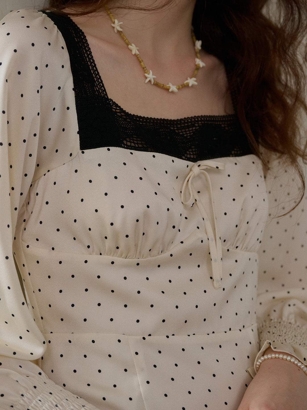 【Black Friday】Mazie Square Collar Polka Dots Contrasting Lace-up Dress