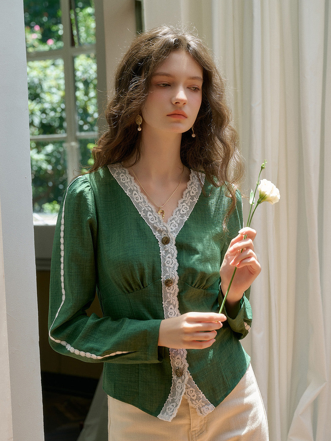 【Final Sale】Karlie Retro V-neck Lace Blouse