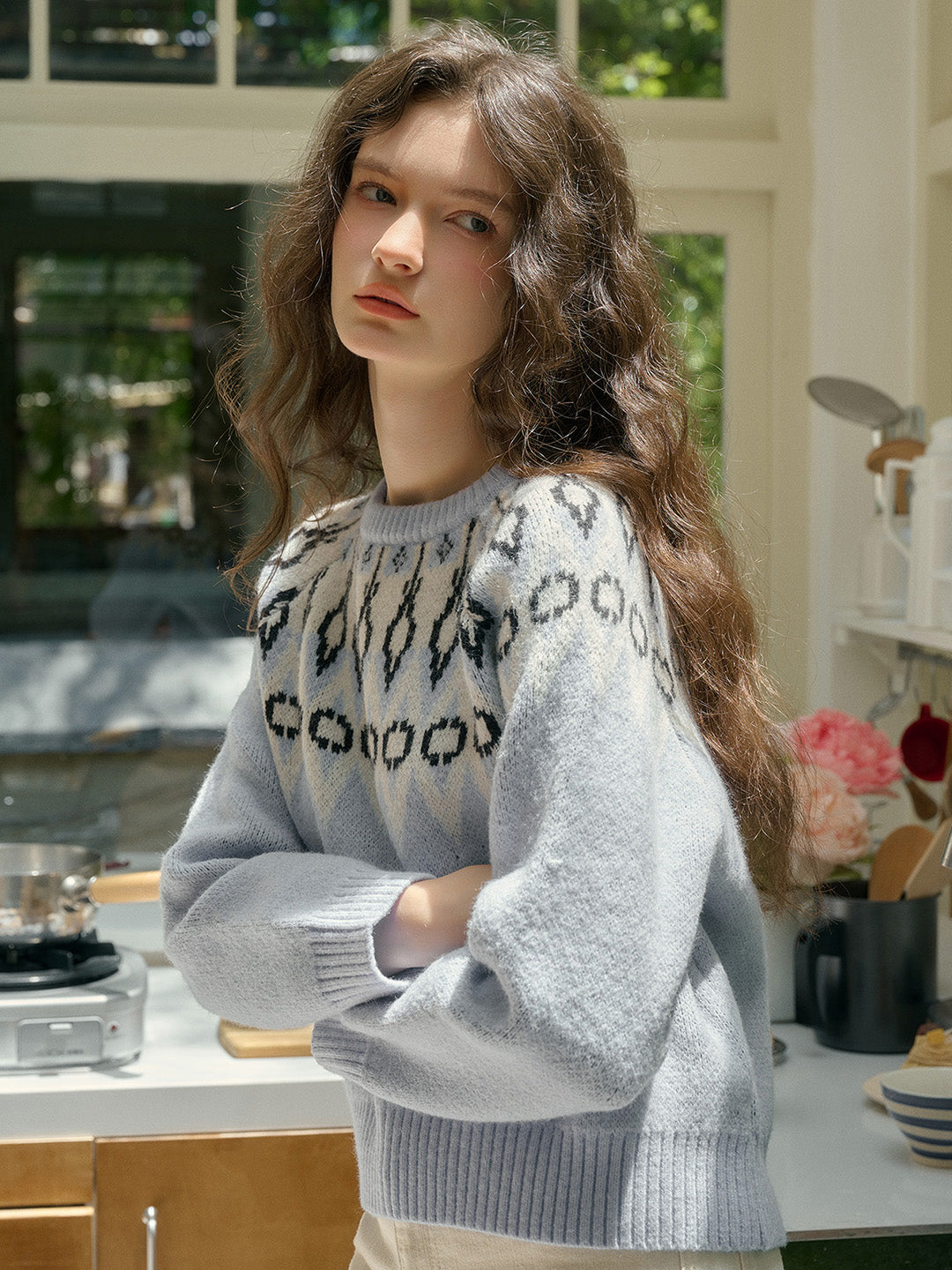 【Final Sale】Natasha Round Neck Embroidery Colour Clash Pullover Sweater