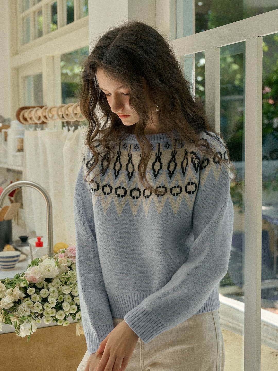 【Final Sale】Natasha Round Neck Embroidery Colour Clash Pullover Sweater