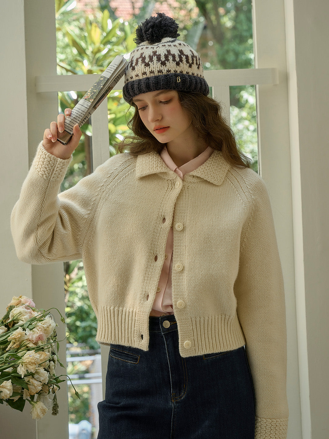 Cheyenne Romantic Polo Collar 100% Wool Knit Cardigan