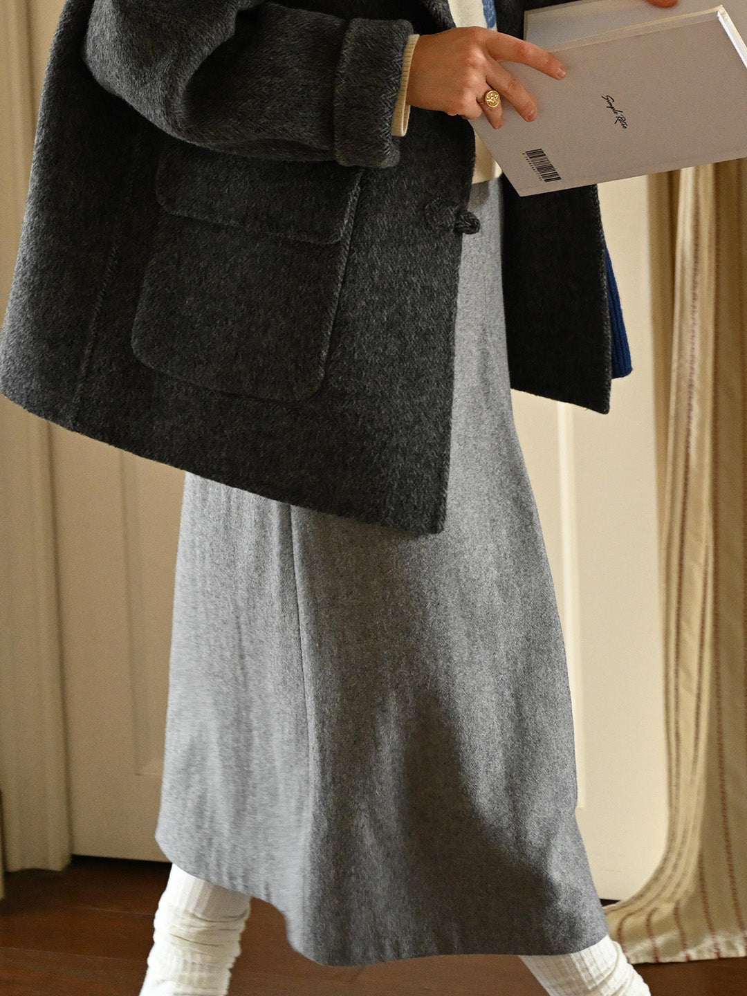 Iliana Slim A-line Grey Blend Pleated Pocket Wool Skirt