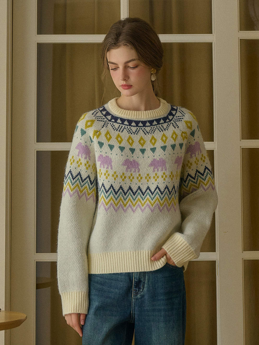 Saoirse Winter Fair Isle  Ribbed Round Neck Embroidered Pattern Sweater