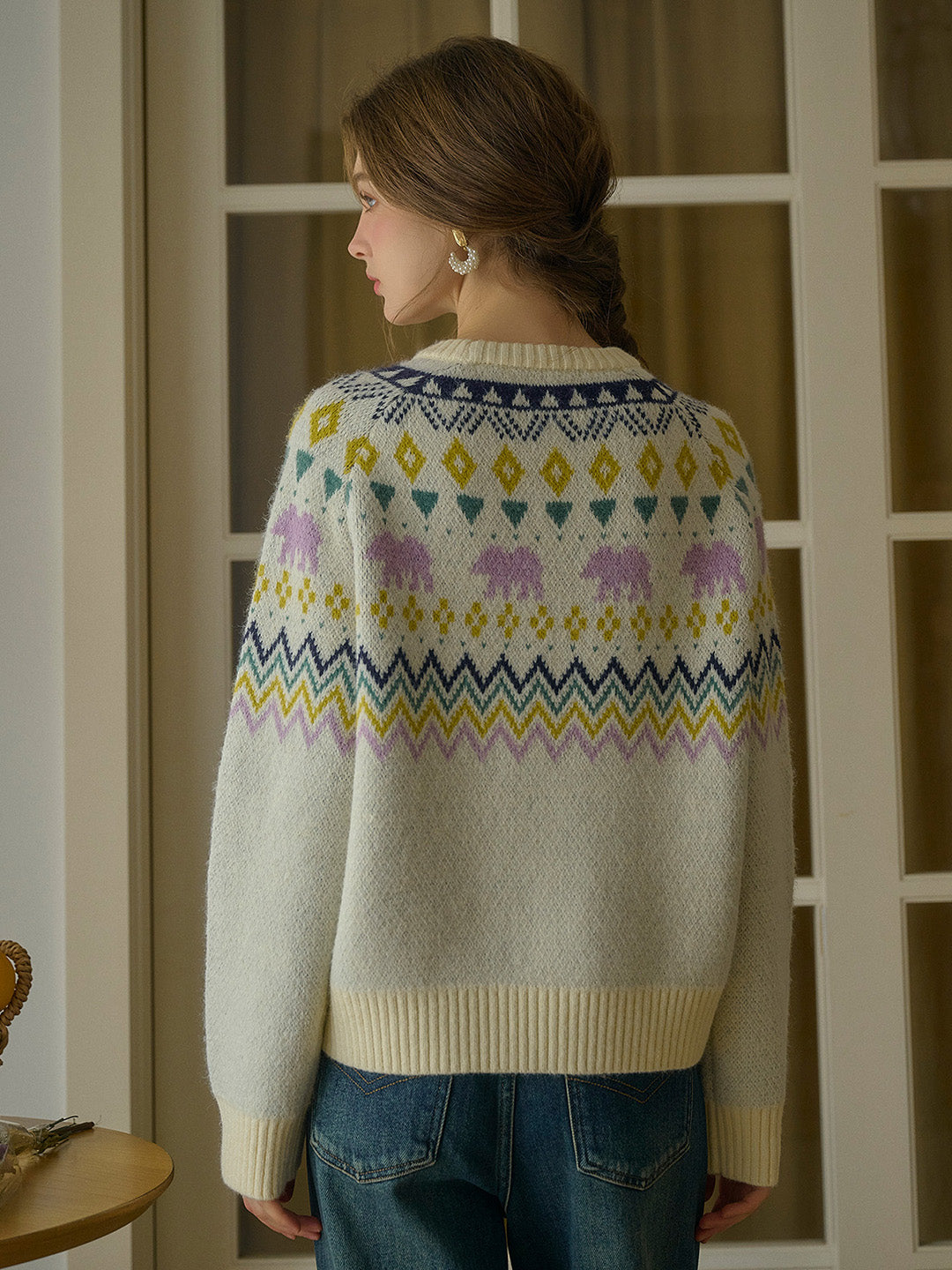 Saoirse Winter Fair Isle  Ribbed Round Neck Embroidered Pattern Sweater