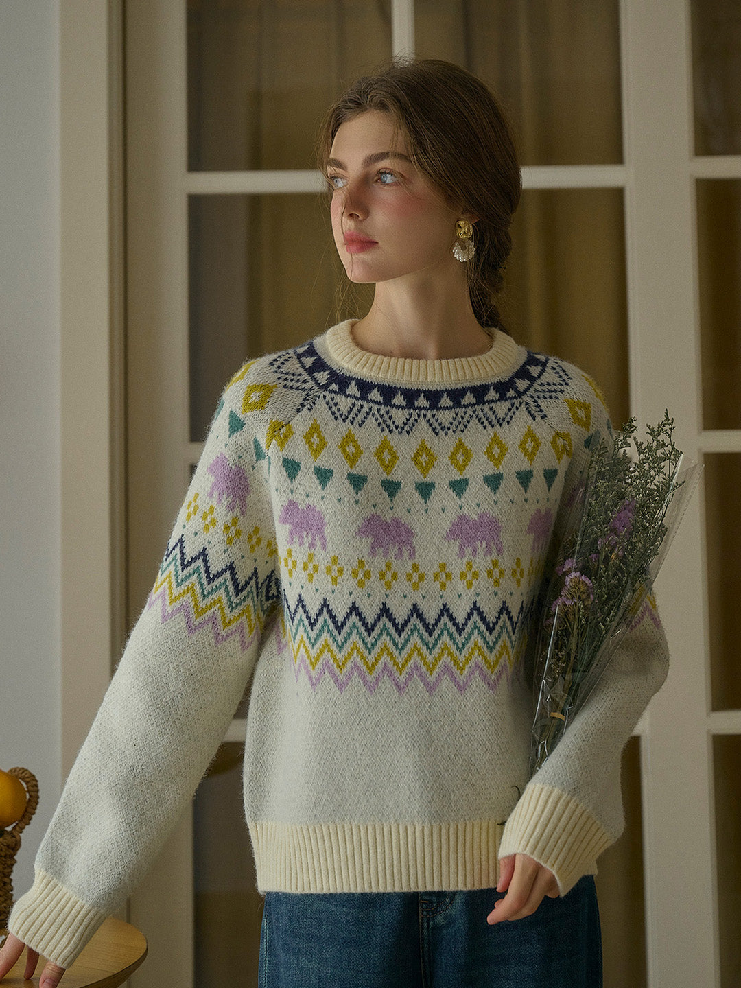 Saoirse Winter Fair Isle  Ribbed Round Neck Embroidered Pattern Sweater